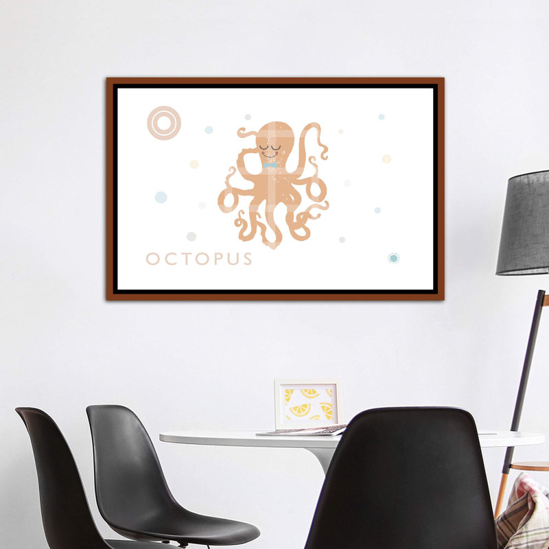 Pieuvre - impression d'art graphique, H 40 po x l 60 po x 1,5 po, Toile avec cadre brun, Pas de tapis