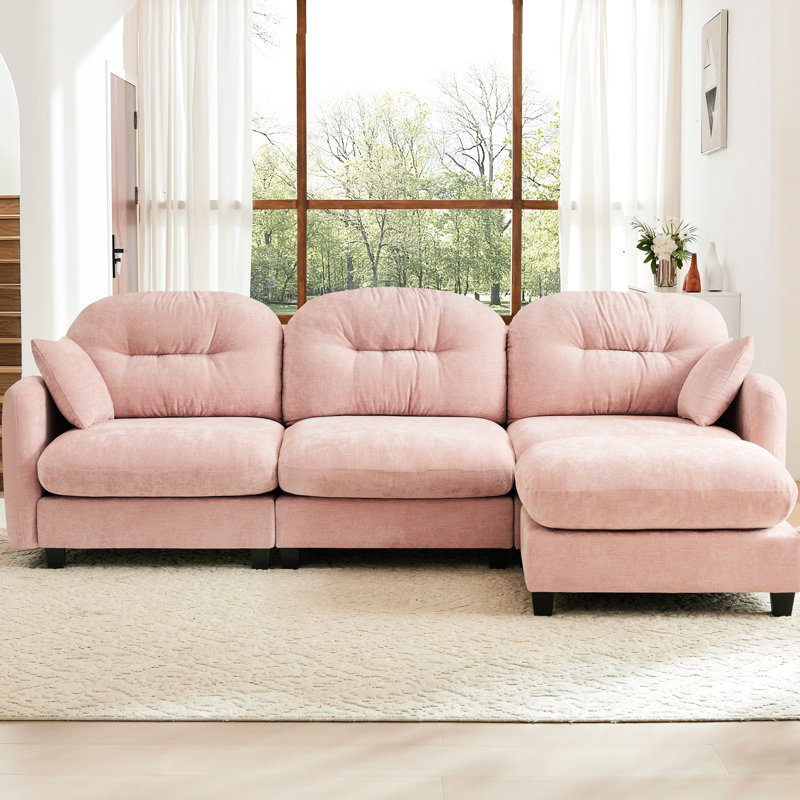 Pink 3 Sectional With , Cushion Back, Chenille Material, Adapt To Room Modular Movable Pleated , High Sponge Seat, Fits Various Spaces