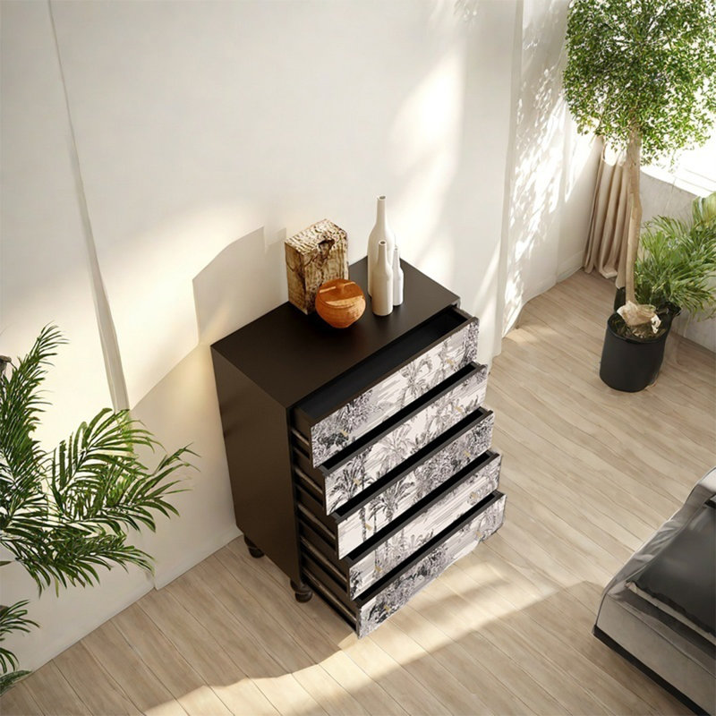 Armoire de rangement en pin avec cinq tiroirs, Noir, noir, noir, noir