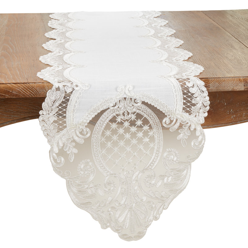 Elegant Embroidered Lace Table Runner, 120" x 16", White