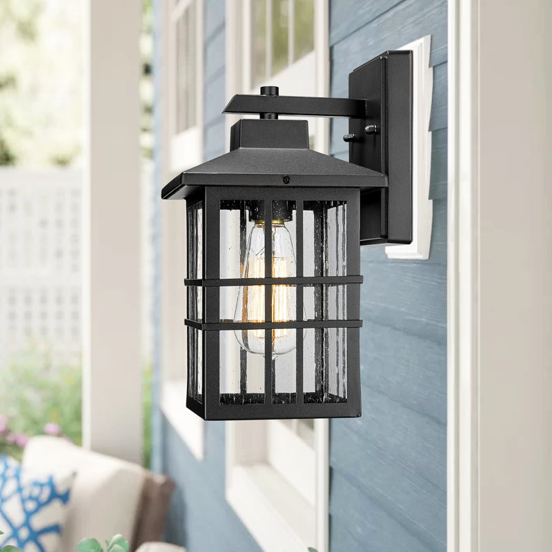 Modern Farmhouse Outdoor Wall Lantern, Weather-Resistant Anti-Rust Sconce With Seeded Glass For Porch, Patio, Garage