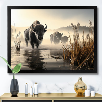«Gray Buffalo Misty Morning Grazing I», reproduction d'art sur toile