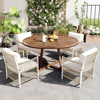 Ensemble de table de salle à manger extensible en bois 5 pièces pour table d'extérieur 12 pouces avec 4 chaises en rotin pour terrasse