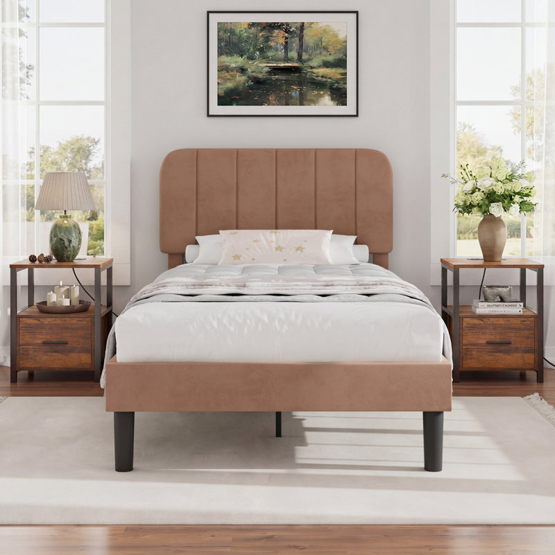 Ensemble de chambre à coucher 3 pièces, cadre de lit tapissier en velours avec ensemble de 2 tables de chevet assorties, tête de lit réglable, support à lattes de bois, aucun sommier nécessaire