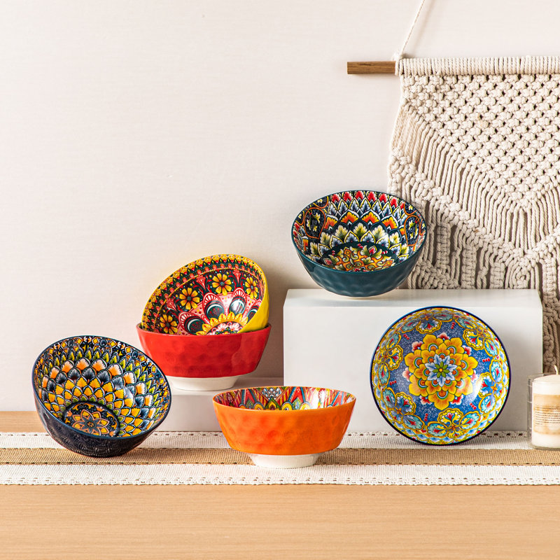Ensemble de 6 bols en céramique à imprimé bohémien, 6 bols en céramique de 26 oz, motifs colorés assortis, style bohème