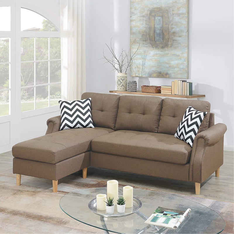 Contemporary Coffee Sectional With Rolled Armrest And Reversible Lounge Modern Chaise Pillows, Light Coffee