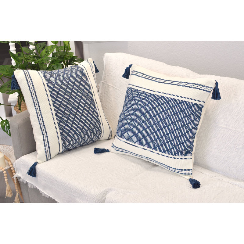Woven Pillow Covers With Tassels, Geometric Pattern Pillowcases For Outdoor / Indoor (Set of 2), Blue, 16" x 16"