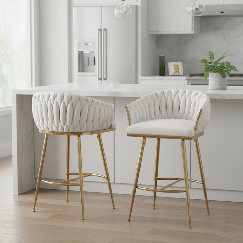 Glam Tufted Bar Stools (Set of 2) -  Upholstered Counter Stools with Gold Metal Legs for Kitchen & Ba, White