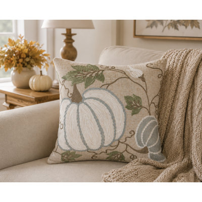  Harvest Pumpkins And Vines Crewel Embroidered Fall Pillow, 14 By 14-Inch