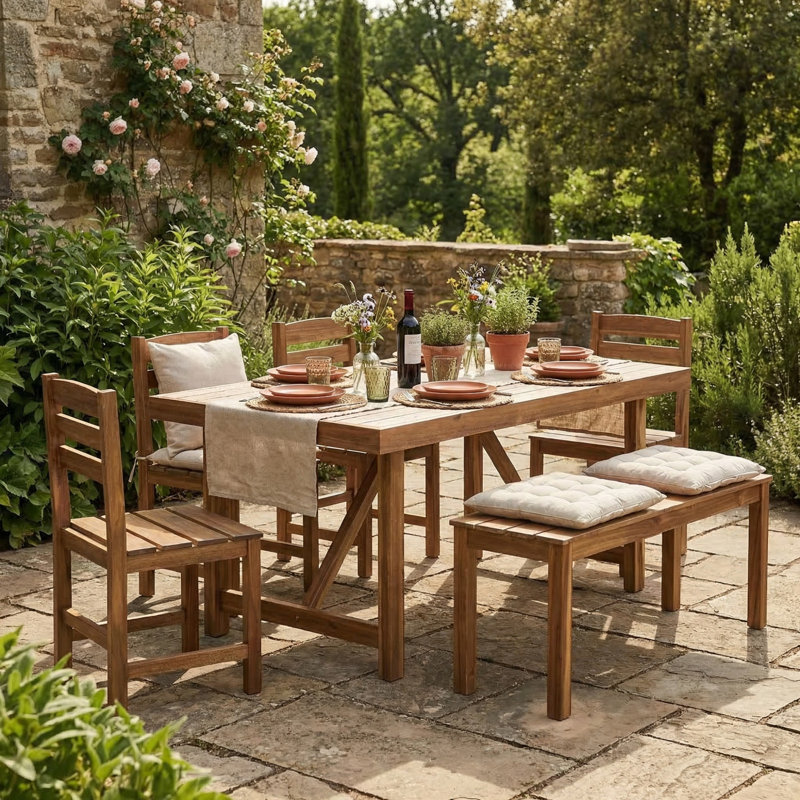 6 Pieces Acacia Wood Outdoor Dining Set, Dining Furniture Set for Lawn, Backyard, Natural Wood