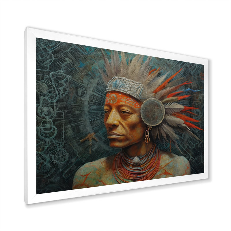 Chaman amérindien avec coiffe de plumes sur toile, Cadre simple blanc, H 24 po x l 32 po x P 1 po