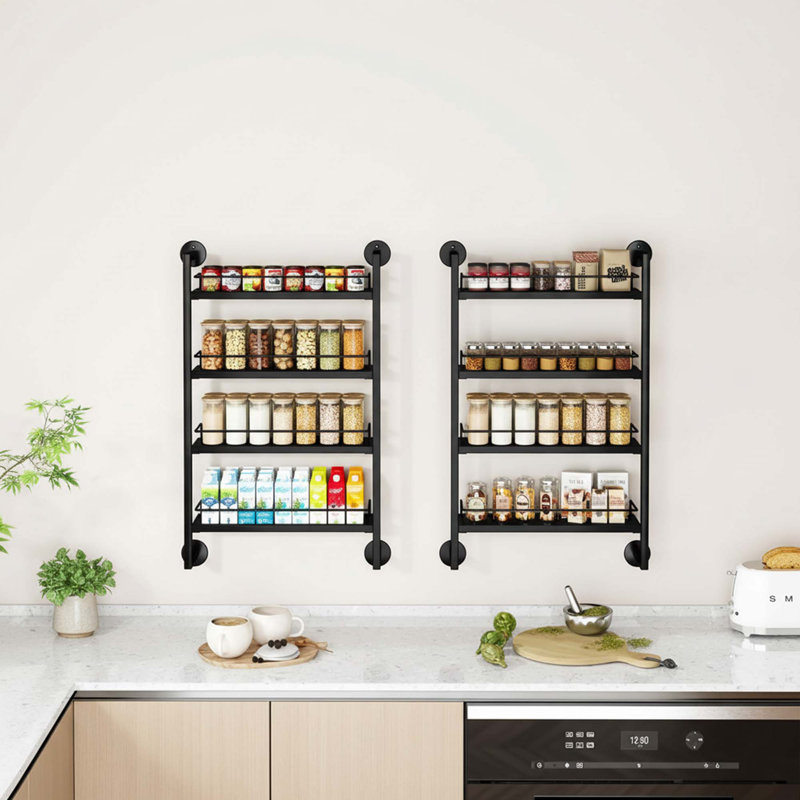 Support à épices mural à 4 niveaux - Organisateur suspendu noir pouvant contenir 50 pots pour cuisine / garde-manger / salle de bain / armoire