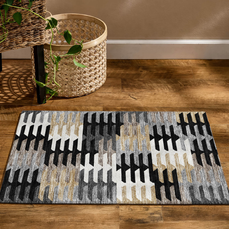 Premium Machine Washable Mayfield AMF2328 Geometric Rug, 1'8" x 2'6", Black
