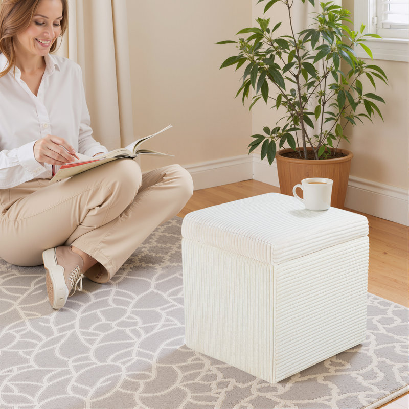 16.5" Corduroy Storage Ottoman With Flip-Top Lid, Upholstered Small Bench For Entryway, Bedroom, Or Living Room, Beige
