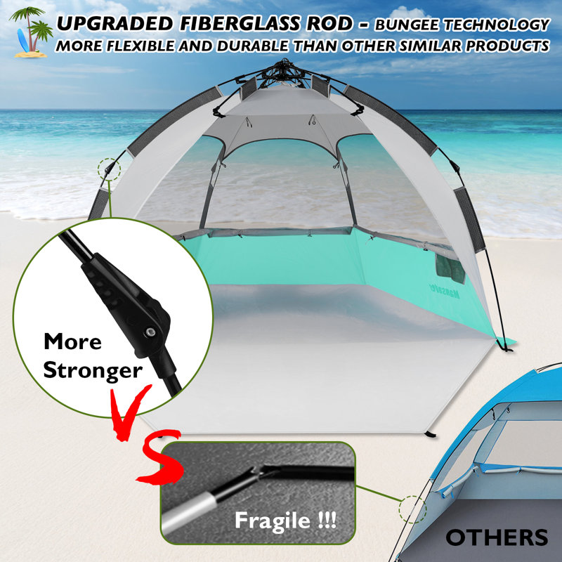 Tente de plage automatique automatique, Blanc / turquoise, H 46,7 po x l 48,8 po x P 86,6 po