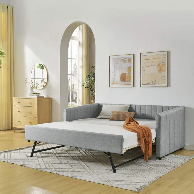 Daybed With Trundle Upholstered Sofa Bed, With Vertical Stripes, Linen Fabric (82.5"X43"X30"), Twin, Gray