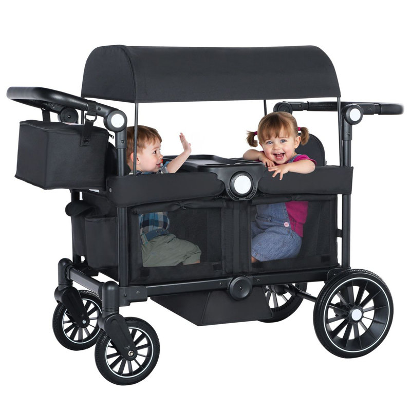 Folding Wagon Stroller for 2 Kids, Adjustable Handle, All-Terrain Shock-Absorbing Wheel, Detachable Tray, Diaper Bag, Black