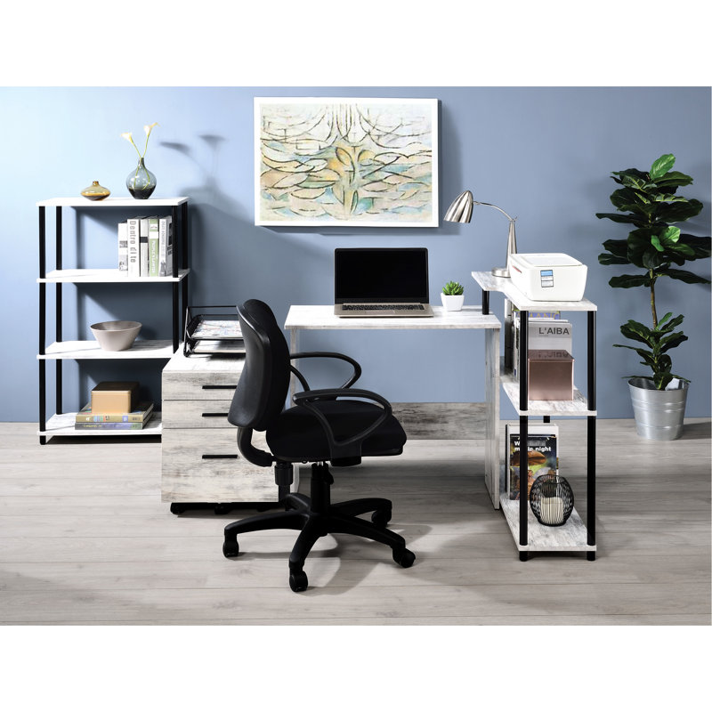 Bureau en L blanc antique et noir, rectangulaire avec étagère latérale multifonctionnelle pour espace de travail, bureau noir, polyvalent 3 pièces