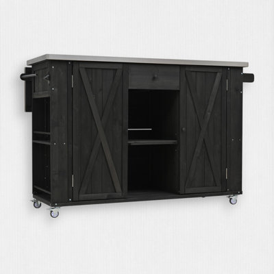 Fir Wood Kitchen Island with Stainless Steel Top