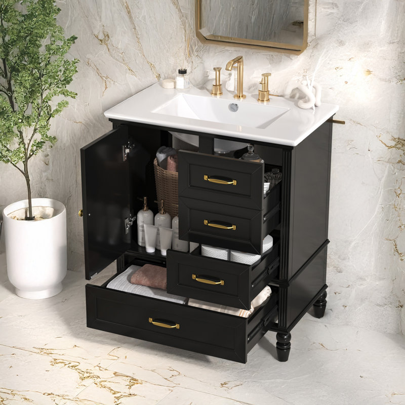 Meuble-lavabo 30 po avec lavabo, Noir, noir, noir, noir, Doré