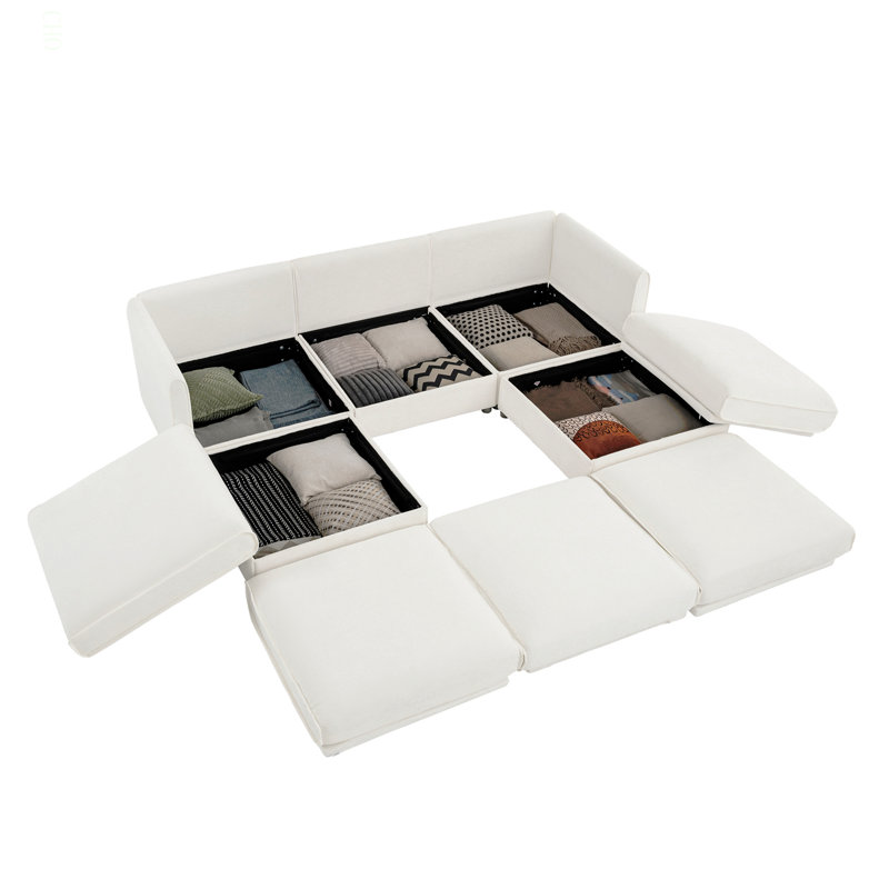Élégant canapé en chenille blanche avec siège de rangement et repose-pieds, dossier cylindrique en forme de U à 3 places et accoudoirs, canapé contemporain en tissu à 3 places avec compartiment de rangement caché