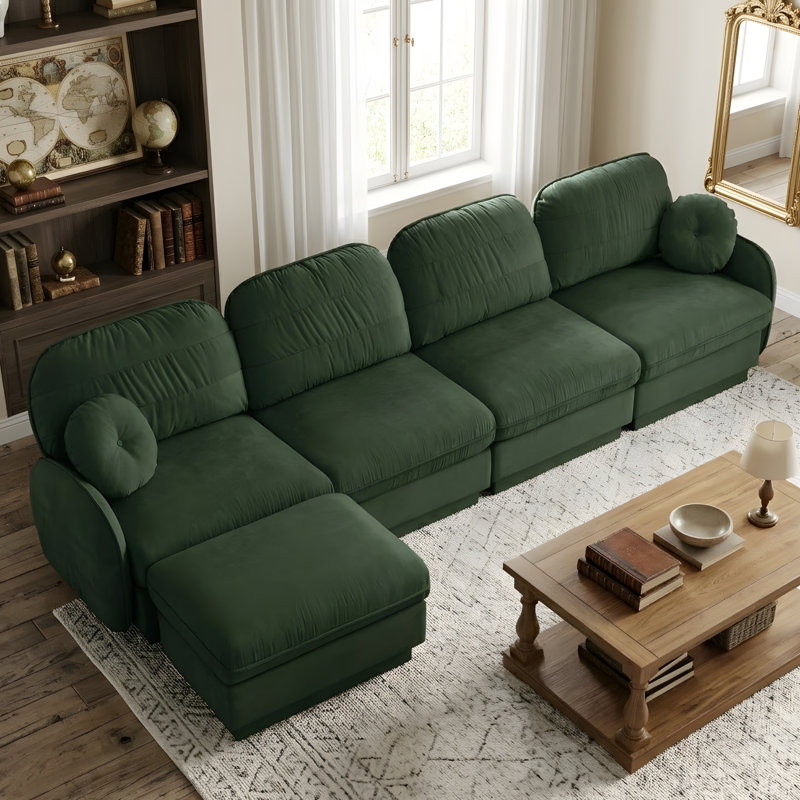 L-shaped sofa, deep-seated sofa with a removable ottoman, Green Chenille, 37.4" H x 137" W x 57.8" D
