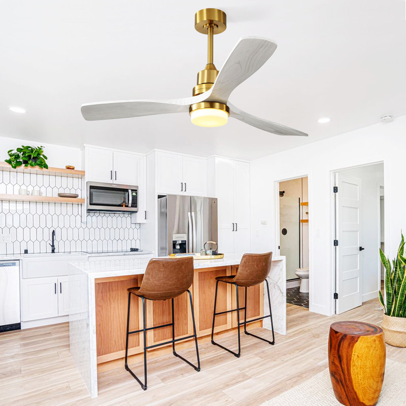 52 Inch White and Gold Ceiling Fan with Solid Wood Blades and Remote