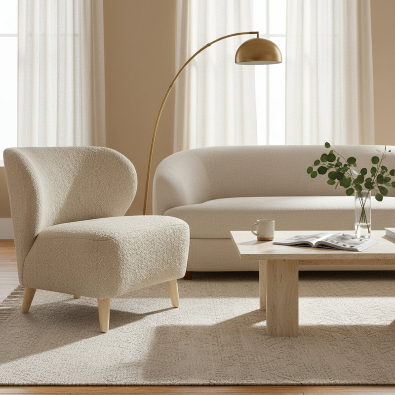 Apollonia Slipper Chair, Natural Wool Boucle