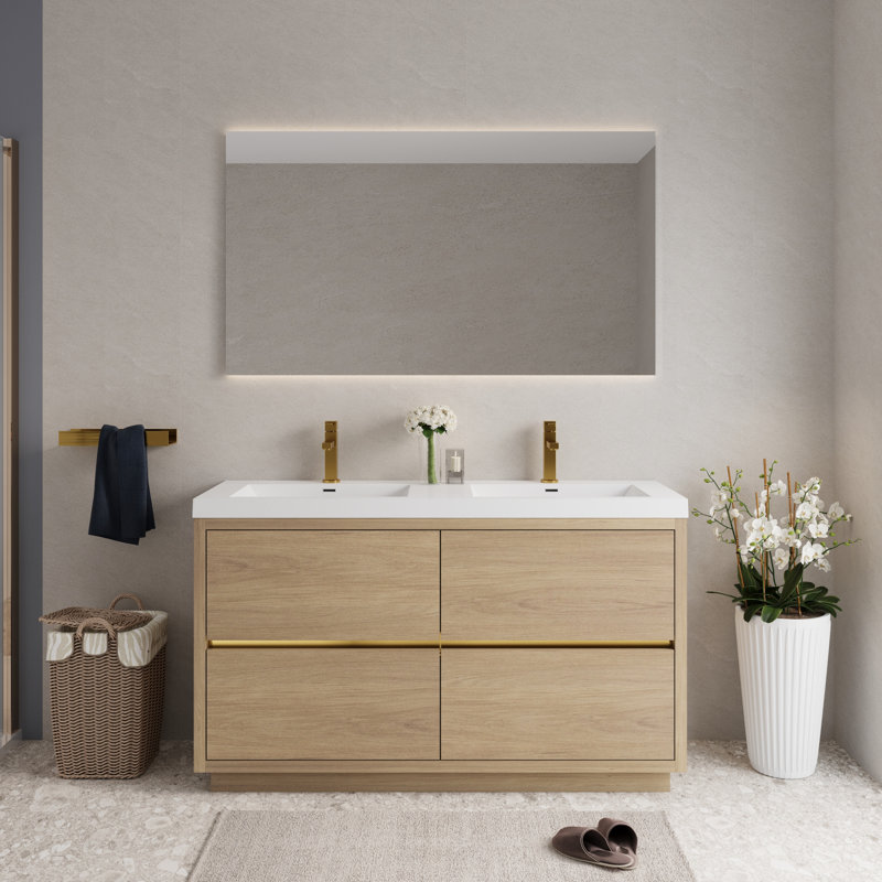 Meuble-lavabo spacieux en chêne naturel avec comptoir en résine de pierre et luxe à fermeture en douceur