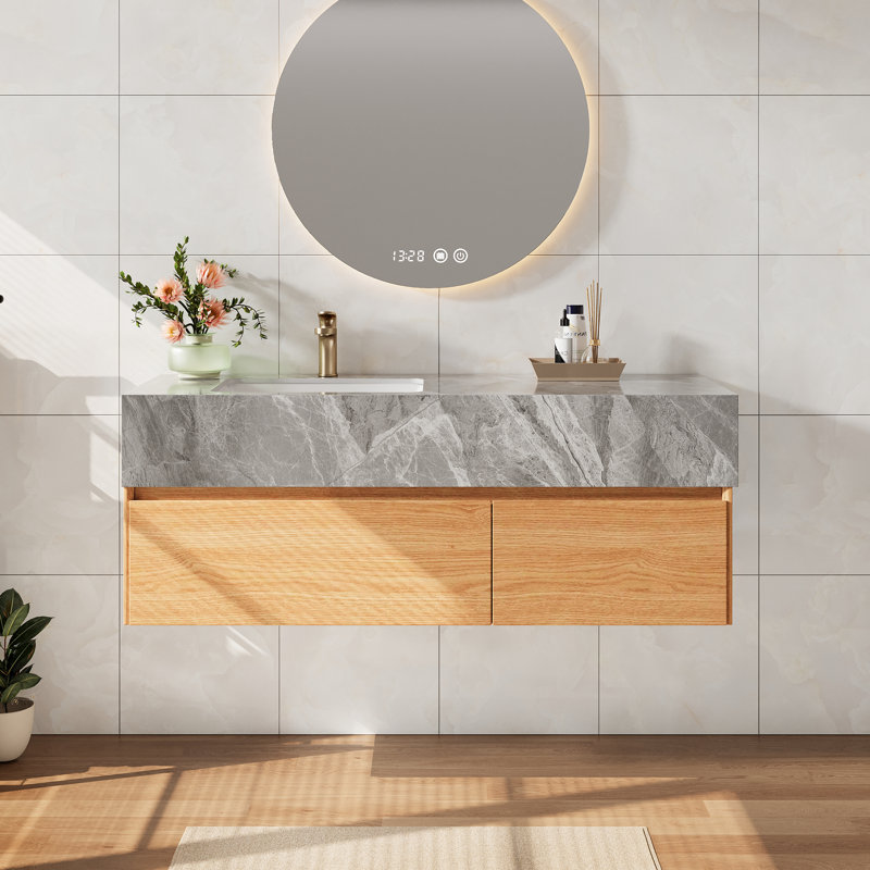 Armoire de salle de bain de luxe moderne 48 po avec plateau en pierre frittée grise, meuble-lavabo flottant en bois naturel avec tiroir en U