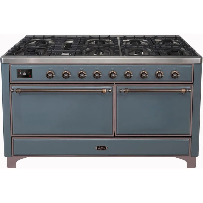 ILVE UM15FDQNS3BKCLP Majestic II 60 inch Dual Fuel Range with 9 Burners, Griddle (Liquid Propane, Solid Door, Glossy Black, Chrome)