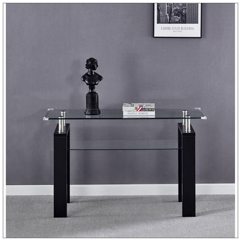 Console en panneau de fibres à densité moyenne noir, plateau en verre trempé, table de vestibule moderne, Noir