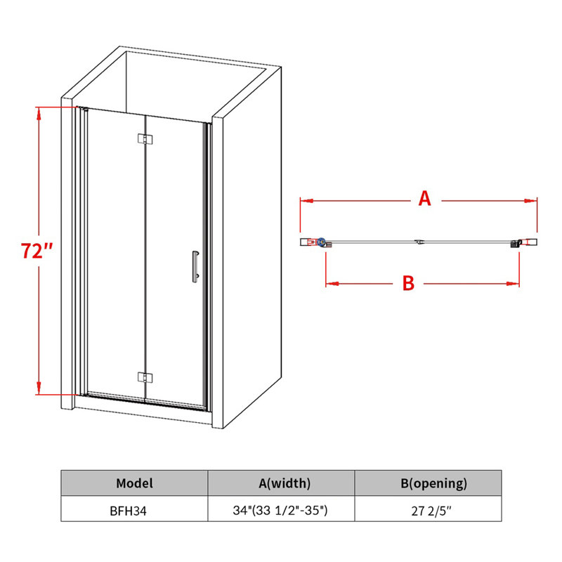 BFH l 33,5-35 po x H 72 po Porte de douche pliante en verre sans cadre, porte de douche pliante sans cadre, Noir mat