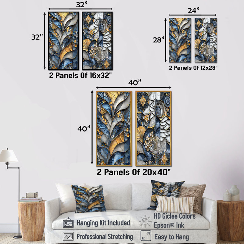 «Blue and Grey Coastal Abstract Tiles I», ensemble de 2 reproductions d'art mural, H 28 po x l 24 po, Ne s’applique pas