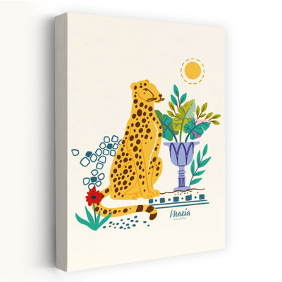 Sitting Cheetah And Tropical Plants Modern Vibrant Abstract Animal Nature Wall Art Print