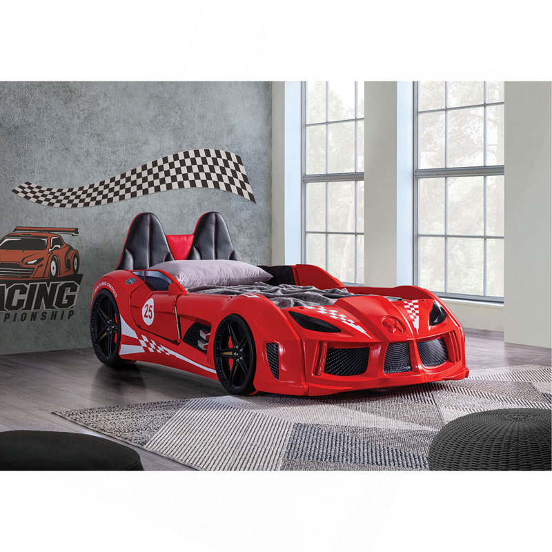 Red Finish Twin Size Race Car Design Bed Modern Novelty Style Attached Two Magnetic Doors With LED Lights On Wheels And Bottom Upholstery Headboard And Sides