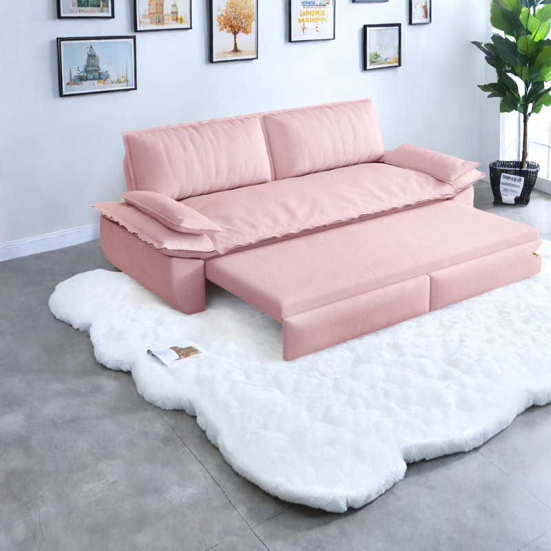 Multifunctional Pink Velvet Sofas, Modern 3-in-1 Convertible For Home
