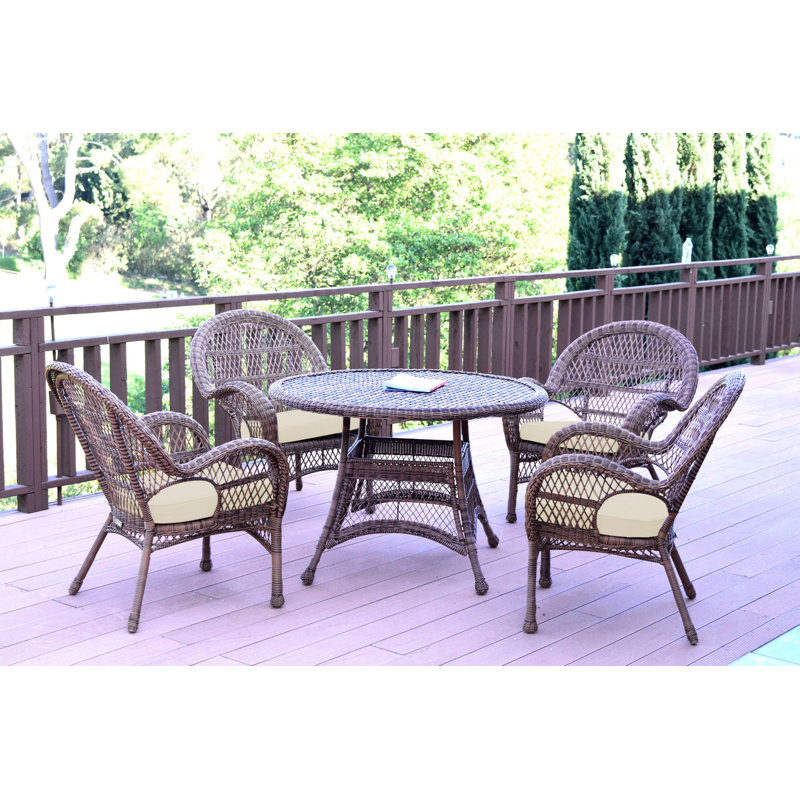 Mangum 4 - Person Wicker Patio Dining Set with Round Table, Honey, Ivory