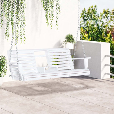 Balancelle de patio en bois 3 places avec table basse pliante, porte-gobelets et chaînes, capacité de poids de 440 lb