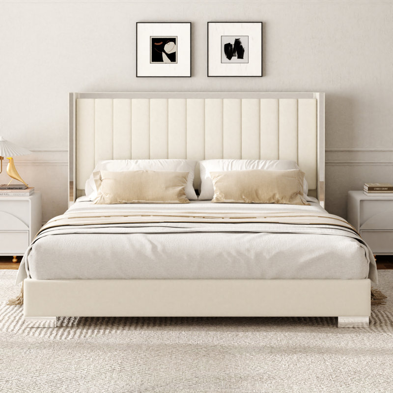 Velvet Upholstered Platform Bed Frame with 58" Tall Headboard, King, Beige
