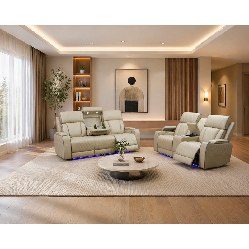 Ensemble de salon inclinable électrique en similicuir Mimbres avec causeuse console, éclairage à DEL et ports USB, 3 pièces
