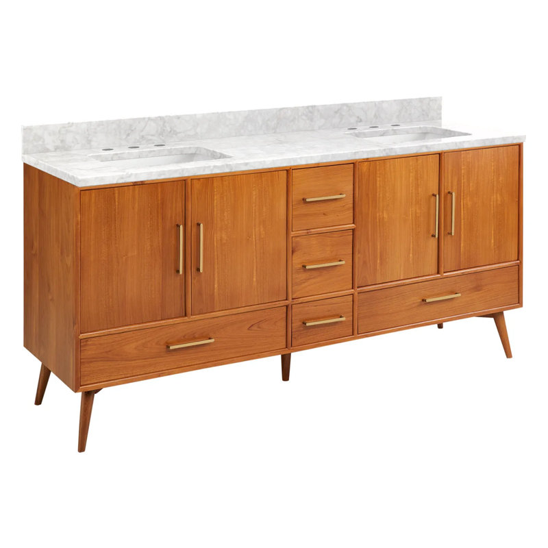 72" Novak Double Bathroom Vanity Set with Rectangular Undermount Sinks, Natural Teak, 8" Widespread, Carrara Marble