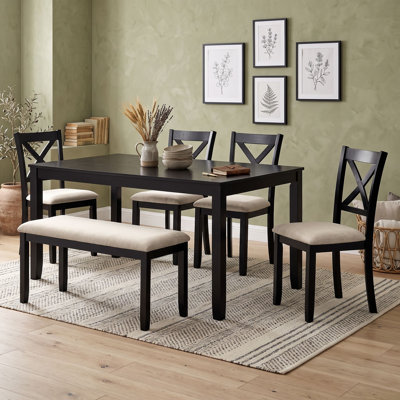6-Piece Dining Table Set with Rectangular Table, 4 Upholstered X-Back Chairs and Bench