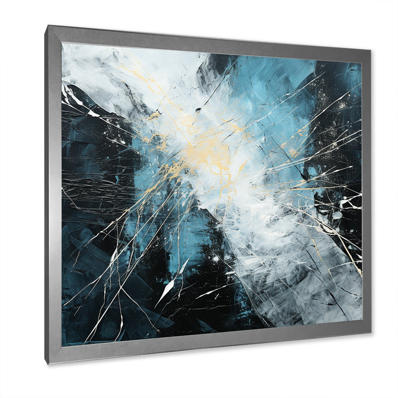 Marbre noir et bleu orage - reproduction sur toile, H 24 po x l 24 po x P 1 po, Cadre simple argenté