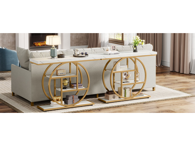 Console industrielle avec base circulaire dorée et tablettes de rangement
