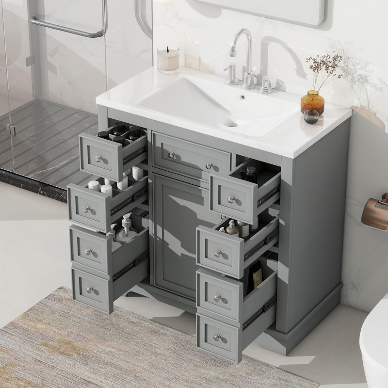 Ensemble de meuble-lavabo 36 po avec lavabo, armoire et tiroirs, panneau en bois massif et panneau de fibres à densité moyenne