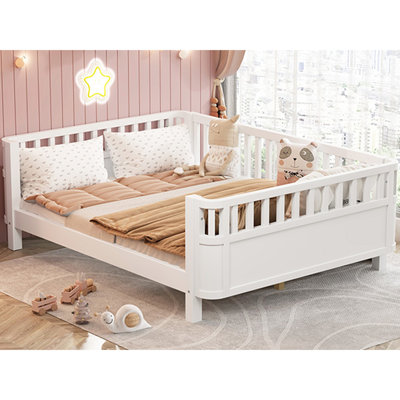 White Full Platform Bed For , Round - Cornered Design To Avoid Injury, Gap In Fence And , Guardrail , Solid Pine Construction