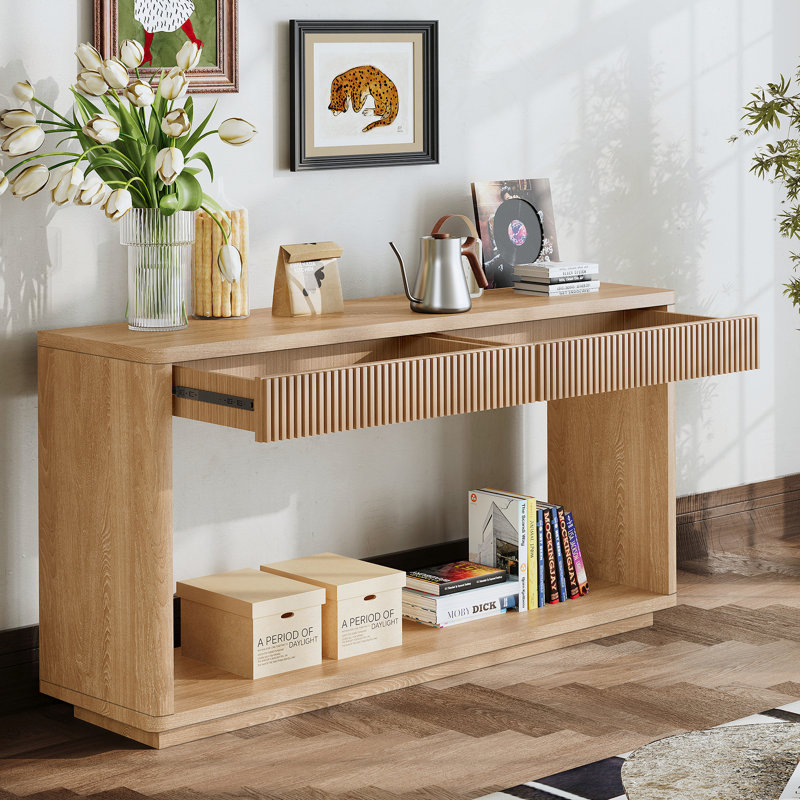 Table d'appoint 60 po 2 tiroirs cannelés 60 po, Bois naturel