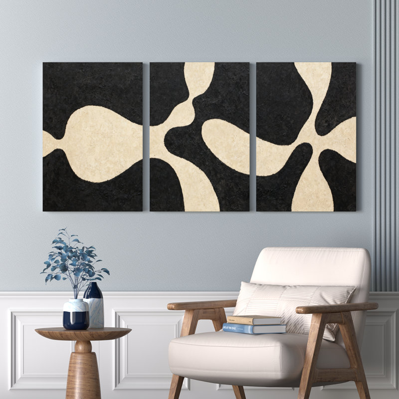 Ensemble de 3 tableaux abstraits noirs et beiges aux formes organiques, montés sur toile., H 36 po x l 72 po