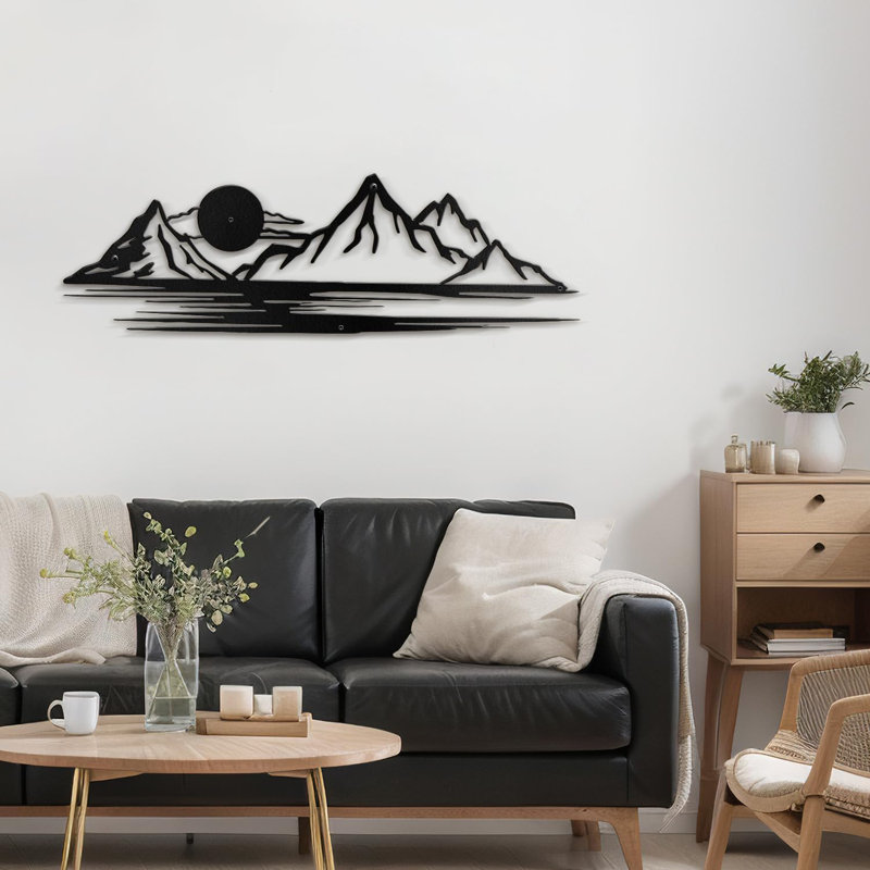 Décoration murale abstraite moderne chaîne de montagne et soleil, H 11,16 po x l 36 po x P 0,05 po, Noir